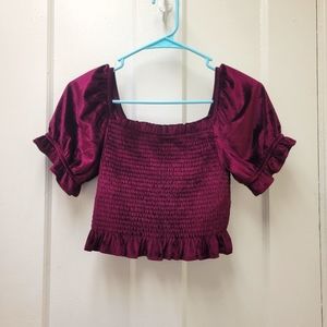 REWIND MAROON VELVET CROP TOP WITH PUFF SLEEVES